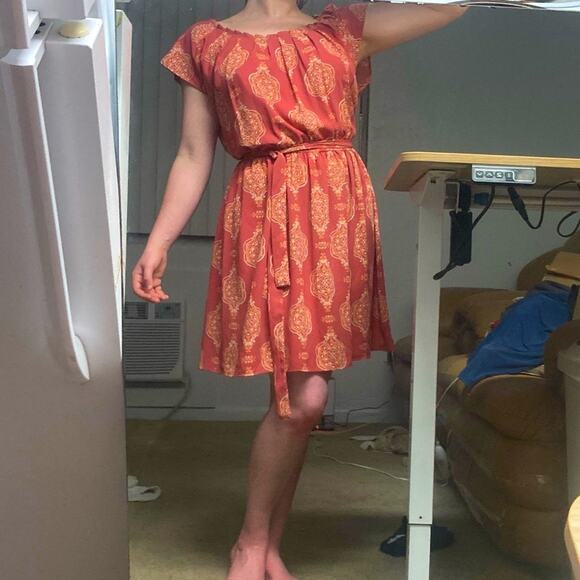 Brick red and orange patterned Lauren Conrad dress L - Picture 1 of 5